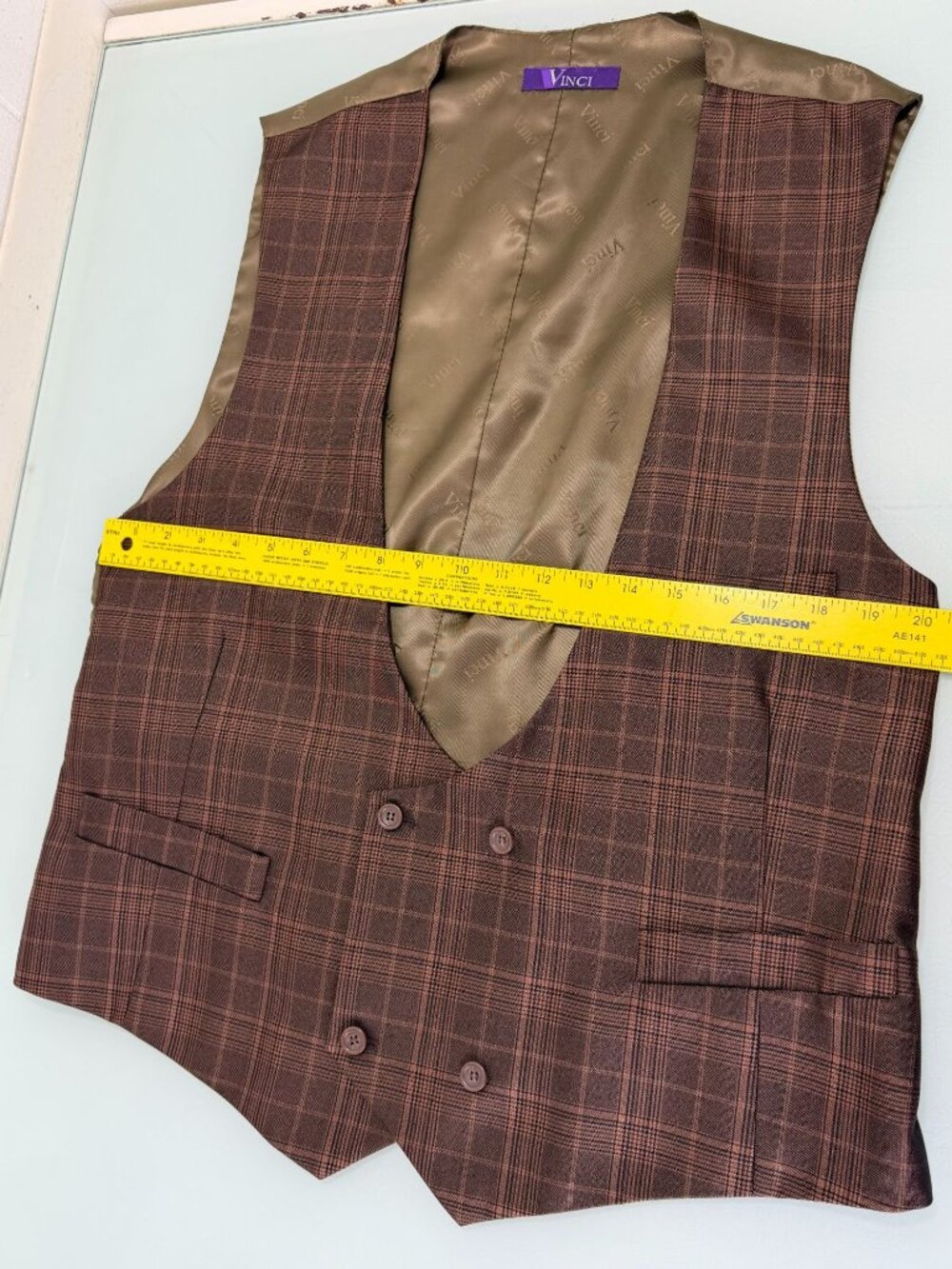 Vinci 3 Piece Suit 50L Blazer 40x30 Pants Vest Brown Plaid 2 Button Double Vent - Picture 3 of 16